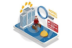 Isometric Online Hotel Booking Concept. Characters Planning Trip and Choosing Destination. People Booking Hotel and