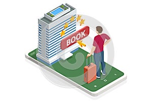 Isometric Online Hotel Booking Concept. Characters Planning Trip and Choosing Destination. People Booking Hotel and