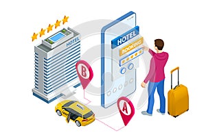 Isometric online hotel booking concept.People booking hotel and search reservation for holiday. Smartphone maps gps photo