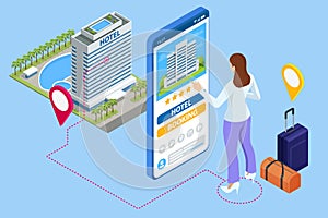 Isometric online hotel booking concept. Young woman holding a smartphone with booking room app on screen. Smartphone