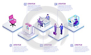 Isometric Online job search and human resource concept. Infographics of Business data visualization. Process chart. Job