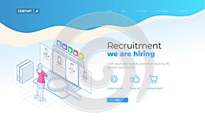 Isometric online job search and human resource, recruitment concept. We are hiring. Presentation for employment and