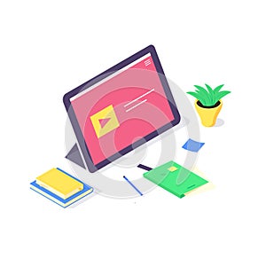 Isometric online laptop study and teaching concept, technology learn and tutorial network design vector illustration