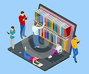 Isometric Online library app for reading, bookstores concept. E-learning from home online studying on laptop.