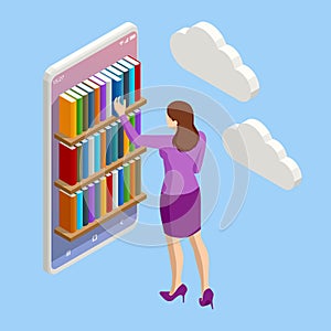 Isometric Online library app for reading, bookstores concept. E-learning from home online studying on smartphone.