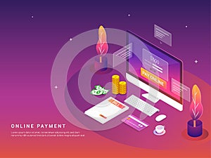 Isometric, online payment concept. Internet payments by card and