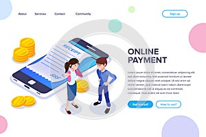 Isometric Online Payment Concept. Mobile phone with payment receipt. Man and woman are discussing the benefits of mobile payment.