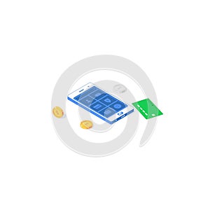Isometric online payment mobile application. Vector illustration of banknotes, golden and silver coins with phone