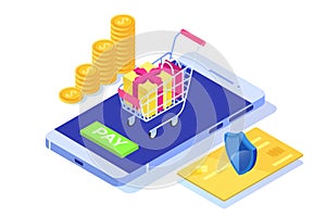 Isometric online payment online concept. Internet payments, protection