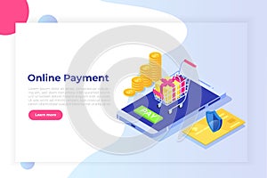 Isometric online payment online concept. Internet payments, protection