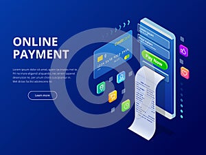 Isometric online payment online concept. Internet payments, protection money transfer, online bank vector illustration