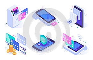 Isometric online payments. Electronic finances bill, finance payment security and digital purchase vector illustration