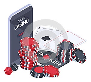 Isometric online poker game. Gambling mobile app, online casino with cards, dice and chips, internet poker game vector