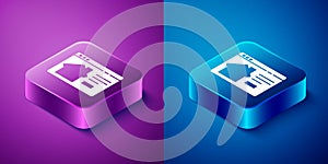 Isometric Online real estate house in browser icon isolated on blue and purple background. Home loan concept, rent, buy