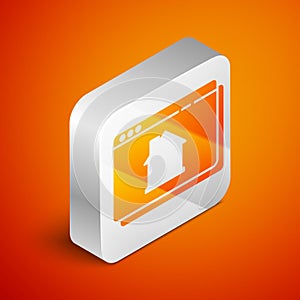 Isometric Online real estate house in browser icon isolated on orange background. Home loan concept, rent, buy, buying a