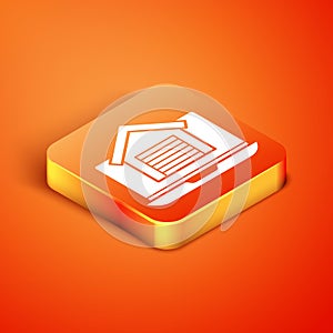 Isometric Online real estate house on laptop icon isolated on orange background. Home loan concept, rent, buy, buying a