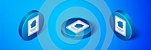 Isometric Online real estate house on tablet icon isolated on blue background. Home loan concept, rent, buy, buying a