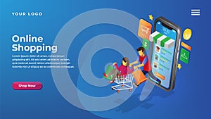 Isometric online shop concept for website and mobile apps landing page