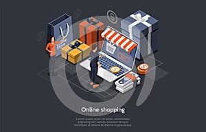 Isometric Online Shopping Concept. Customers Order And Buy Goods On Laptop Screen. Online Gift Purchase, Gift Shop