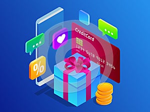 Isometric Online Shopping Concept. Digital Online Marketing Commerce Sale Concept. Best Presents. Vector illustration