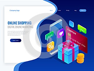 Isometric Online Shopping Concept. Digital Online Marketing Commerce Sale Concept. Best Presents. Vector illustration