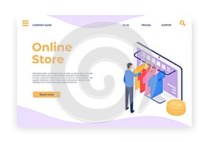 Isometric online shopping. Man choosing t-shirt in internet on desktop computer. Customer purchasing clothing in shop
