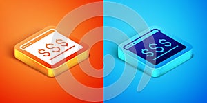 Isometric Online shopping on screen icon isolated on orange and blue background. Concept e-commerce, e-business, online