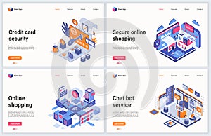 Isometric online shopping technology vector illustration, cartoon 3d modern security customers service and chat support