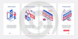 Isometric online support, financial audit, recruiting UX, UI mobile app page screen set