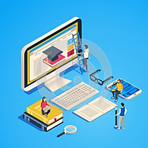Isometric online teaching. Internet classroom, student learning at computer class. Online university graduate 3d vector photo