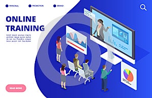 Isometric online video training, webinar vector illustration. Online education banner, landing page concept