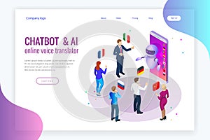 Isometric online voice translator and learning languages concept. E-learning, translate languages or audio guide