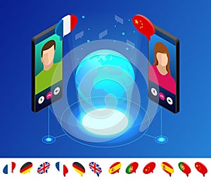 Isometric online voice translator and learning languages concept. Learning, translate languages or audio guide