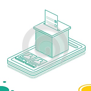 Isometric online voting and election concept using the smartphone. Smartphone with vote on screen. People vote online using mobile