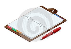 Isometric open blank spiral notepad notebook and red pen isolated on white background. Mock up for corporate identity