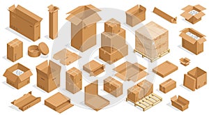 Isometric open boxes. Closed and open cardboard carton crates, square and rectangular packaging containers. Vector photo