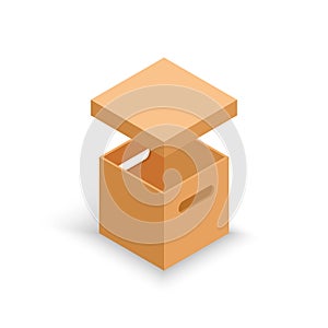 Isometric open cardboard box isolated on white.