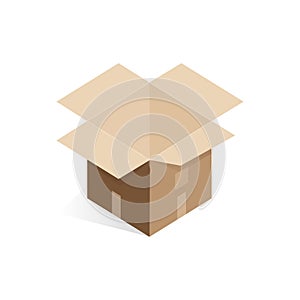 Isometric open empty cardboard box, unbuttoned postal package