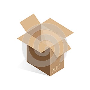 Isometric open empty cardboard box, unpacking delivery parcel