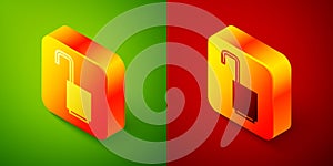 Isometric Open padlock icon isolated on green and red background. Opened lock sign. Cyber security concept. Digital data