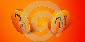 Isometric Open padlock icon isolated on orange background. Opened lock sign. Cyber security concept. Digital data