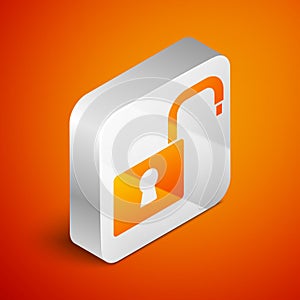 Isometric Open padlock icon isolated on orange background. Opened lock sign. Cyber security concept. Digital data