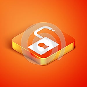 Isometric Open padlock icon isolated on orange background. Opened lock sign. Cyber security concept. Digital data