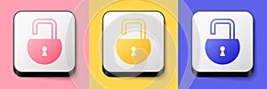 Isometric Open padlock icon isolated on pink, yellow and blue background. Opened lock sign. Cyber security concept