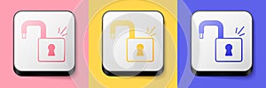 Isometric Open padlock icon isolated on pink, yellow and blue background. Opened lock sign. Cyber security concept