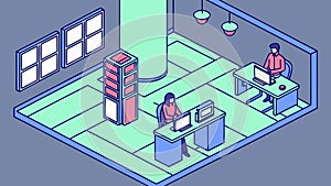 Isometric open-plan office, productive workspace, modern collaboration, tech environment, vector design Generative AI