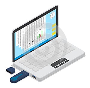 Isometric open portable notebook. with USB stick for digital signature. Secure contract conclusion electronically. Modern