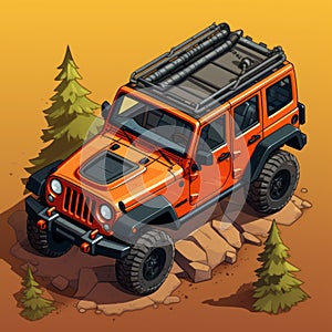 Isometric Orange Jeep Wrangler: Detailed Character Design For 2d Game Art