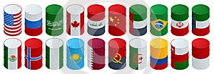 Isometric Organization of the Petroleum Exporting Countries, OPEC. Oil production. Oil barrels in color of flags of