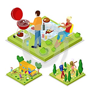 Isometric Outdoor Activity. Family Barbeque Grill and Camping. Healthy Lifestyle and Recreation